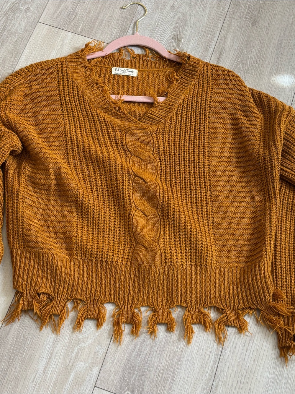 Frayed Hem V-Neck Cable Knit Sweater - Mustard